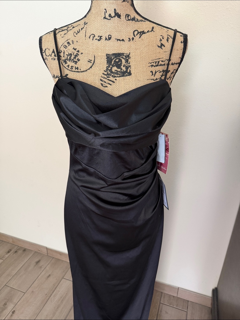Emerald Sundae Black Satin Cowl Neck Spaghetti Strap Dress